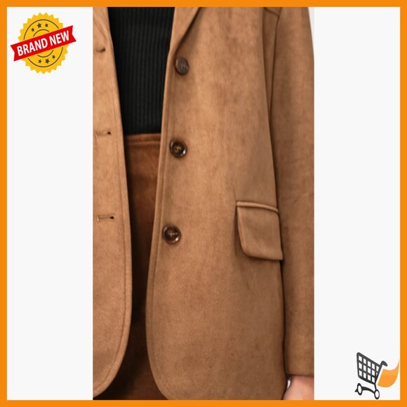 Faux Suede Blazer Jacket Regular Fit Long Sleeve Button Front Pockets - Picture 7 of 7